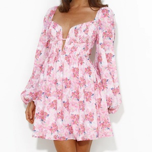 Vestido de Mujer de Manga Larga, Estilo Moderno, Mini, Sexy, Casual, Tejido, con Estampado Digital, Ecológico, Cintura Natural, Estampado Floral Rosa - Product Image 1