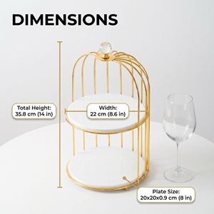 2 Tier <strong>Gold</strong> Birdcage Cake Stand with 8 Inch Porcelain Plates Factory Direct Luxury Dessert Server Bulk Discount - Product Image 3