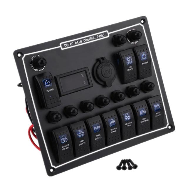 24V 12V Waterproof 10 Gang Rocker Switch Panel LED Light Toggle Circuit Breaker Test Car Fuse Accessories for Car Boat Marine RV
