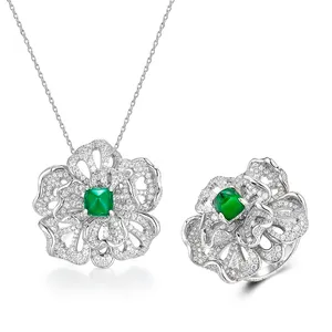 Fashion 925 Silver Jewelry Sets Cubic Zirconia Flower Ring And Pendant Necklace Emerald Jewelry Set