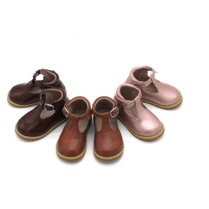 Chaussures plates pour bébé en cuir véritable marron avec boucles en T personnalisées, semelle en caoutchouc - Product Image 2