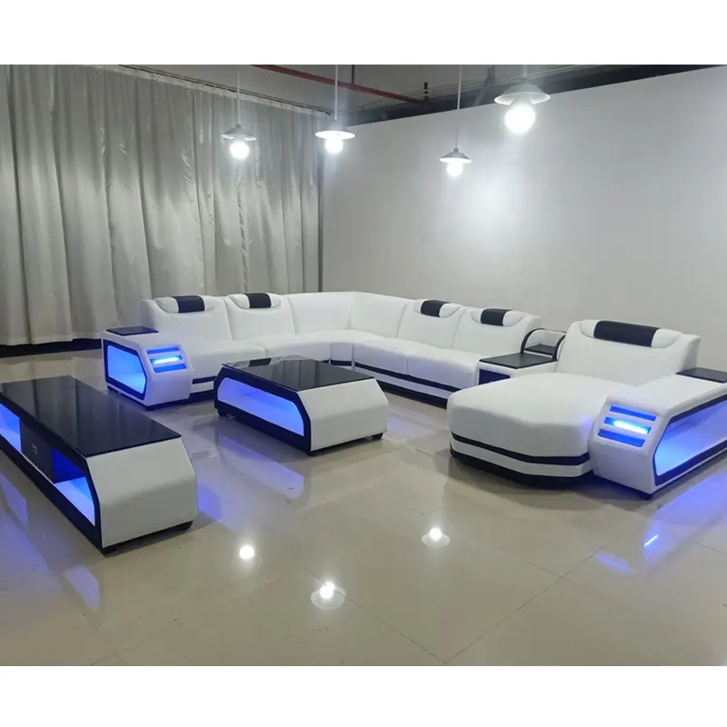 Mebel Ruang Tamu Set Sofa Bersekat Kulit Asli Bentuk U Ukuran Besar 5 6 7 Tempat Duduk