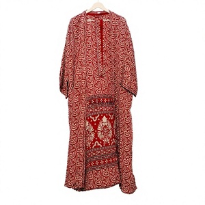 Robe longue pour femme, imprimé floral rouge, manches longues, col mandarin, tenue décontractée d'été, 100% coton tissé, doux, lavable en machine - Product Image 1