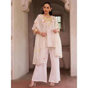 Hot Sale <b>Women</b> White Floral Embroidered Pure Cotton <b>Kurta</b> with Palazzo & Dupatta Set Wear <b>for</b> Casual Festive Daily Use <b>For</b> Sale - Product Image 3