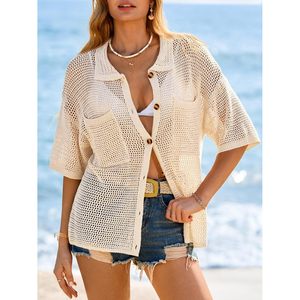 Custom <b>Women's</b> Crochet Cardigan Short Sleeve Summer Button Down Collared Loose Cover Up Shirt Knitted <b>Top</b> - Product Image 2