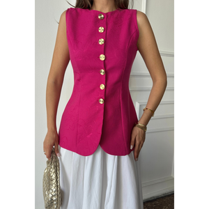 Chaleco de Lino Jacquard con Cintura Ajustada, Color Fucsia, Top sin Mangas para Mujer con Botones Dorados, Talla S - Product Image 5