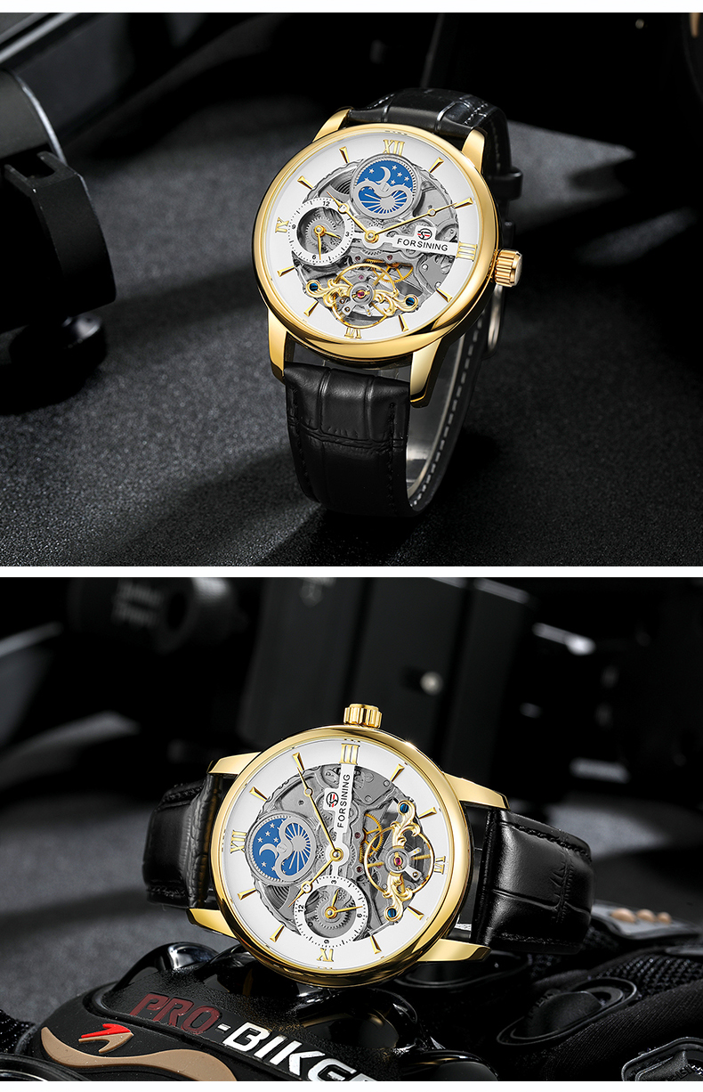 Forsining 8217 Design Hollow Engraving Black Gold Case Leather Skeleton Mechanical Watches Men Luxury Brand Heren Horloge