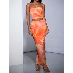 Conjunto de 2 Piezas de Falda Larga Ajustada con Estampado Floral para Mujer, a la Moda - Product Image 6