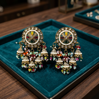 Boucles d'oreilles pendantes Chandbali en laiton indien, plaqué argent multicolore, motif floral, style antique vintage, avec perles et breloques en métal, pour femme