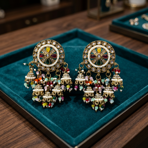 Pendientes Colgantes Chandbali de Metal Antiguo con Diseño Floral Chapado en Plata Multicolor de Latón Indio para Mujer - Product Image 3