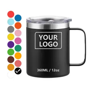 Customized 12 oz 14 oz 16 oz powder coated tumblers double wall insulated vacuum travel Camping coffee mugs with Handle