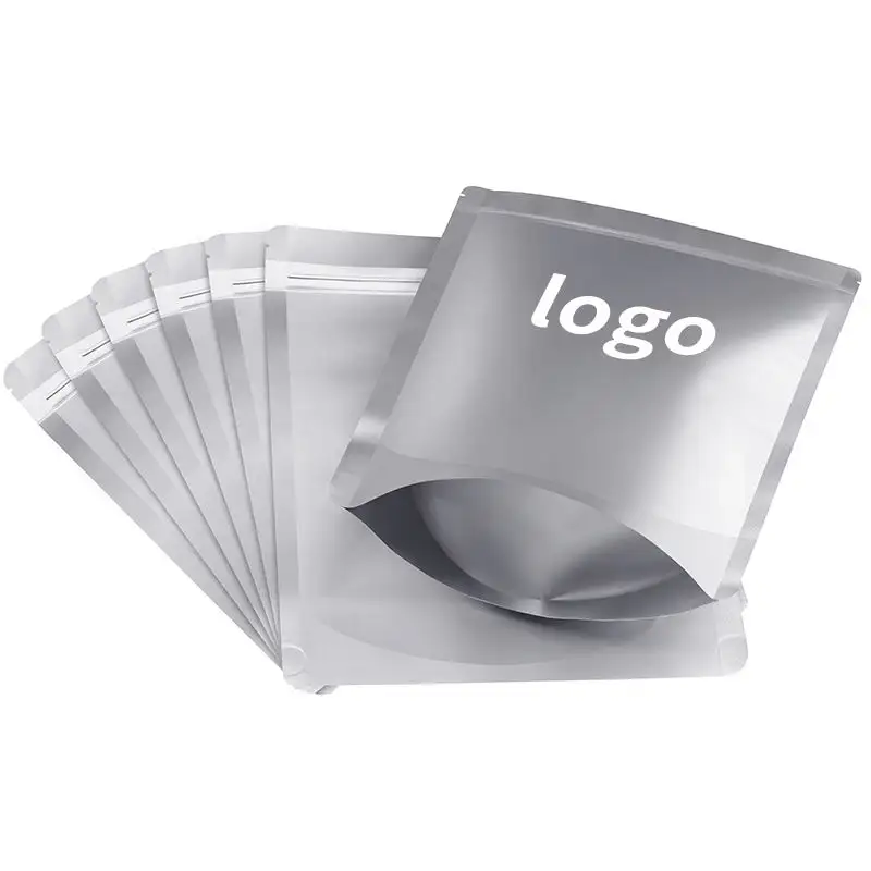 Impression personnalisée emballage pur argenté pochette debout à fermeture éclair en papier d'aluminium sacs de stockage de café en mylar pour aliments