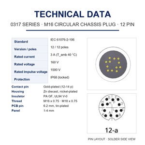 <span class=keywords><strong>Connecteur</strong></span> Circulaire M16 DIN IP68 IEC 61076-2-106 à Soudure PCB, Châssis Mâle 12 Broches <span class=keywords><strong>Étanche</strong></span>, Taille de Broche Personnalisée OEM 3A, Vente Directe Usine - Product Image 3