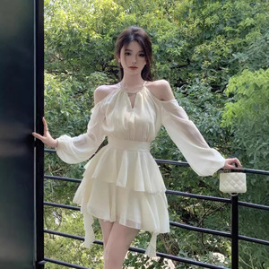 French Style Off Shoulder Chiffon Dress With Ruffles Empire Waist A Line Mini Skirt For Party Leisure Wear - Product Image 1