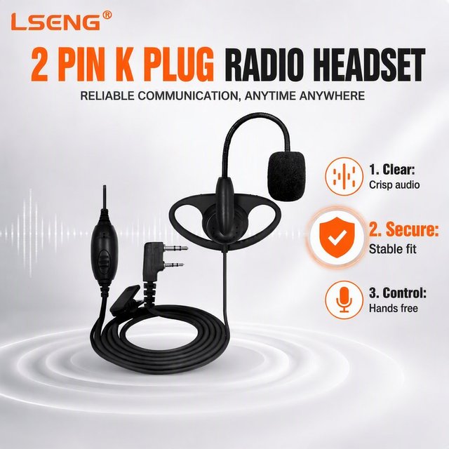 LSENG D Shape Ear Hook Two Way Radio Headset K 2 Pin in Line PTT Flexible Boom Microphone Comfort Walkie Talkie Headset