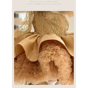 サンセットイエローふわふわオートクチュール子供服ワンショルダーボウデコレーションサテン高品質プリンセスバースデーパーティーガールドレス - Product Image 3