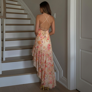 Women's Floral Print Ruffle Hem Asymmetrical Midi Dress <b>Spaghetti</b> <b>Strap</b> Backless Tie-Up Summer Vacation Dress 2026 - Product Image 4