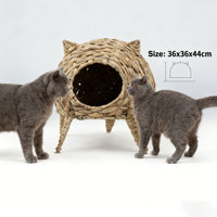 Lit pour chat en jacinthe d'eau tressée, écologique, couleur naturelle, en forme de chaton, avec coussin amovible en coton PP, pour petits animaux domestiques