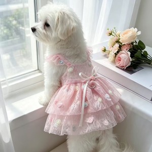 Pink Lace Pet Dress with D-ring 3D Flower Tiered Puppy Tutu Skirt Ruffle Dog Princess Dress Pet Clothes for Small Dogs Cats - Product Image 1
