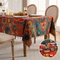 Nappe Bohème Imperméable avec Pompons, Motif Géométrique, Housse de Table Carrée Anti-Taches pour Événements et Pique-niques en Extérieur