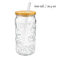 Gobelet en verre gaufré 600 ml avec visage souriant, couvercle en bambou et paille réutilisable, pour soda, vente en gros, OEM en vrac