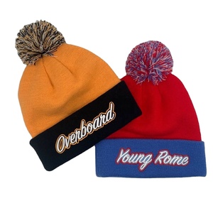 Chapeau d'hiver personnalisé de luxe pour hommes et femmes, <span class=keywords><strong>bonnet</strong></span> en tricot bicolore, broderie 3D, <span class=keywords><strong>pompon</strong></span>, logo personnalisé, plage et affaires - Product Image 3