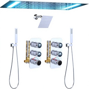 Conjunto de Torneira de Chuveiro para Hotel com 3 Alças, Chuveiros Quadrados LED com Efeito Chuva, Ícones Luminosos Duplos, Acabamento Cromado, Design Moderno, Montagem na Parede - Product Image 1