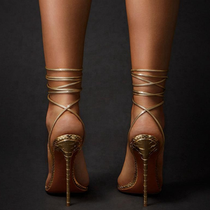 Sandales d'été 2021 dorées à brides croisées, talon fin, bout ouvert pointu, à lacets, chaussures habillées unies pour femme, grande taille 45 - Product Image 4