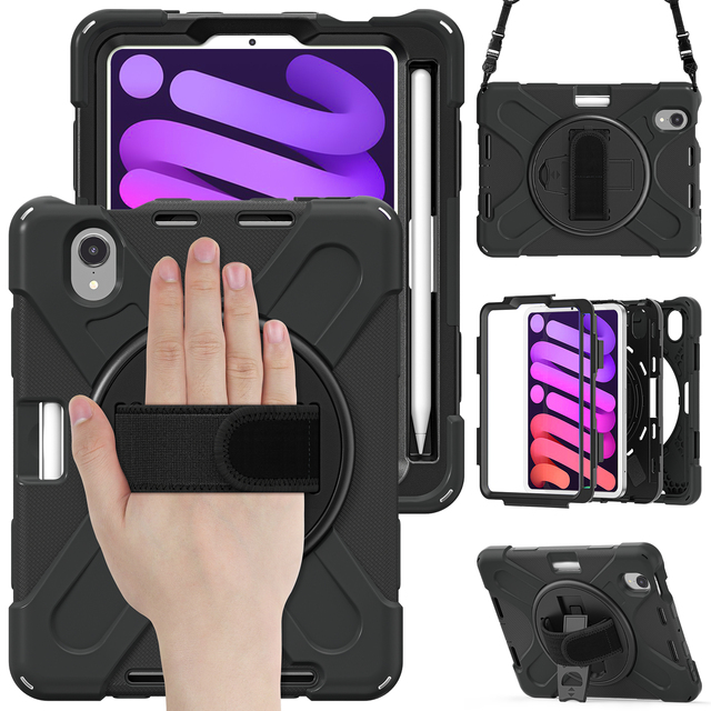 Rugged Case for ipad MINI 6 with Shoulder Strap Stand Shockproof Protective Cover