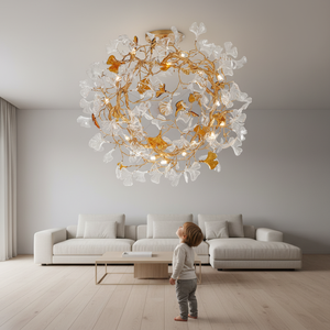 Lampadario in Rame con Decorazioni in Vetro a Forma di Foglia, Illuminazione Moderna di Alta Gamma Personalizzata per Soggiorno, Sala da Pranzo e Camera da Letto - Product Image 1