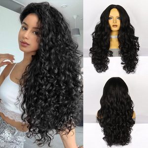 <span class=keywords><strong>Perruque</strong></span> <span class=keywords><strong>synthétique</strong></span> pour femme, style européen et américain, <span class=keywords><strong>demi</strong></span>-<span class=keywords><strong>perruque</strong></span> noire volumineuse, longue et bouclée, type Yaki, avec raie en V, fabriquée à la machine - Product Image 1