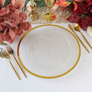 Bajo Plato Redondo Moderno de Plástico Transparente con Borde Dorado para Decoración y Montaje de Mesas en Fiestas, Bodas y Eventos - Product Image 1