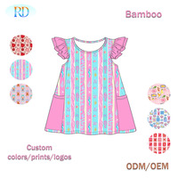 Robe trapèze en bambou à manches volantées pour filles Ruidian avec poches latérales contrastées, imprimé intégral de dessins animés mignons personnalisés, robe pour enfants