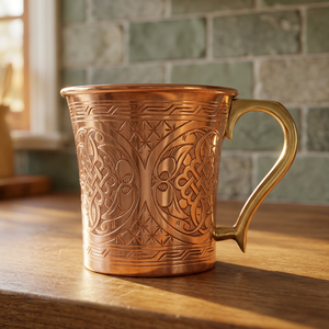 Handmade Vintage Copper <b>Mug</b> Embossed <b>Double</b> <b>Wall</b> Handle 200ml for Home Party Office Gift-Indian Home Crafts - Product Image 1