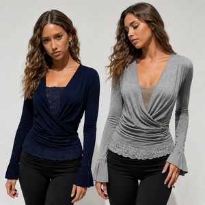 Blusa Casual de Diseño para Mujer, Cuello en V, Manga Larga con Volantes, Tejido de Punto, Color Sólido, con Detalles de Encaje, para Otoño - Product Image 1