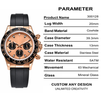 Maßgefertigte Modische Chronograph Automatik-Mechanische Uhr 50M Wasserdicht Edelstahlgehäuse Kuhlederarmband 20mm Lachsfarbenes Zifferblatt