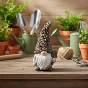 تماثيل قزم الحديقة بقبعة على شكل كوز الصنوبر - تماثيل قزم مخصصة من الراتنج مع مجرفة مقاومة للعوامل الجوية 25×12×12 سم للديكور الداخلي والخارجي - Product Image 2