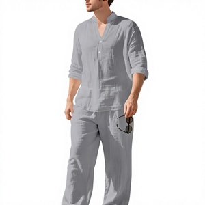Ensemble 2 pièces décontracté homme en coton et lin, col montant, demi-ouvert, coupe ample, respirant, haut à manches longues et pantalon long, idéal été - Product Image 6