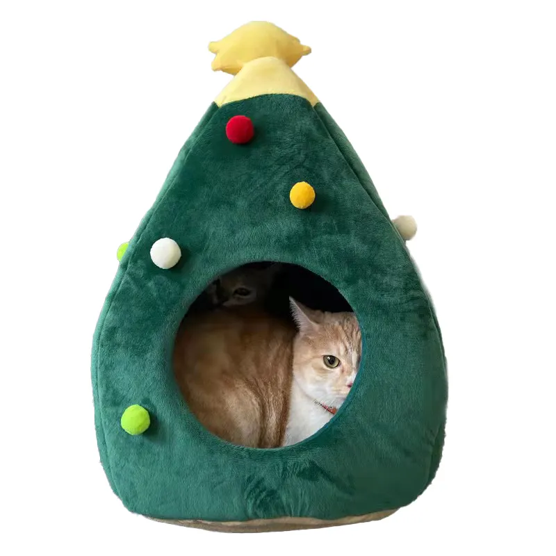 Pohon Natal Rumah Kucing Tempat Tidur Anjing Musim Dingin Hangat Rumah Hewan Peliharaan Lits Pour Animaux Musim Dingin Persediaan Hewan Peliharaan Teddy Nyaman Tempat Tidur Hewan Peliharaan