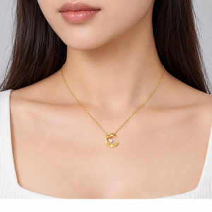 Collier pendentif lune croissante en acier inoxydable, zircon, plaqué or 14 carats sous vide, chaîne fine réglable 38,5+10 cm - Product Image 5