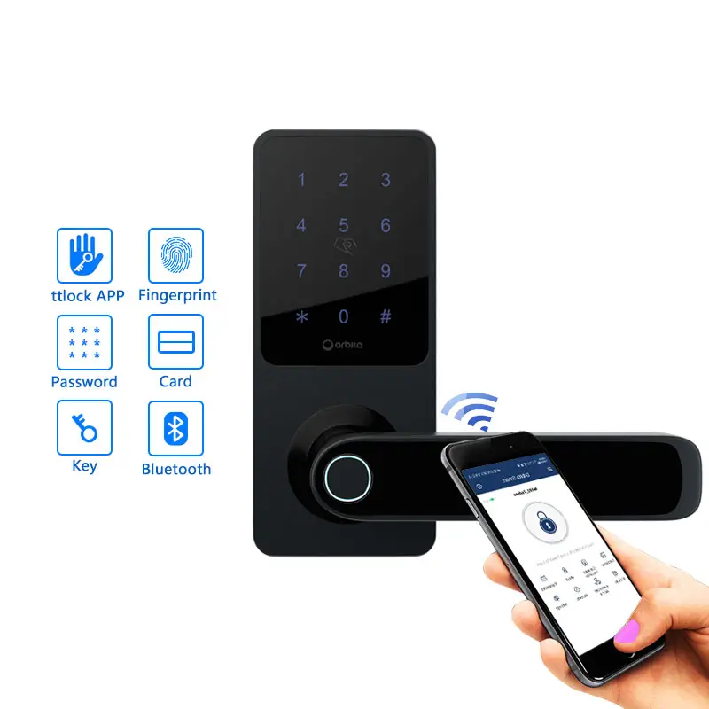 Orbita Black Color High Quality Waterproof Deadbolt TTlock Home Fingerprint Card Keys Bluetooth APP for Hotel Apartment Office