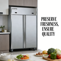Réfrigérateur-congélateur vertical à double porte Scepta en acier inoxydable, capacité de 1340 L, 8 étagères, alimentation 220 V 50 Hz pour cuisine