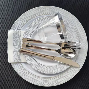 Vajilla desechable de plástico respetuosa con el medio ambiente para fiesta, boda, juegos de vajilla, platos, patrón de plantas, cubiertos, uso doméstico, muestra gratis - Product Image 2