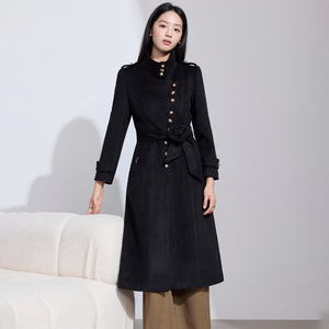 European Style Stand Up Collar <b>Wool</b> Coat Long Slim Fit Warm Medium Thickness With Pocket For Women - Product Image 3