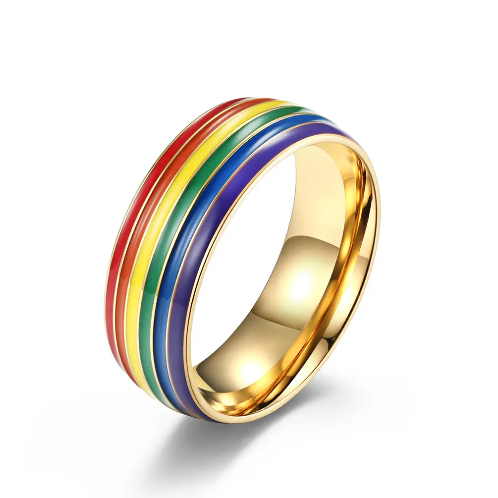 Hot Rainbow Flag Gay Titanium Steel Ring with 18K Gold Plated Lala Ring