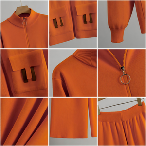 Completo di Lusso con Cerniera per <span class=keywords><strong>Donna</strong></span>, Nuovo Modello Autunno-Inverno in <span class=keywords><strong>Viscosa</strong></span>, Cardigan con Collo alla Coreana Sopra il Ginocchio e Pantaloni a Gamba Larga, Due Pezzi - Product Image 4