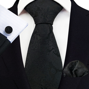Conjunto de <span class=keywords><strong>Corbata</strong></span> de Negocios <span class=keywords><strong>Azul</strong></span> <span class=keywords><strong>Marino</strong></span> y Negra de Poliéster para <span class=keywords><strong>Hombre</strong></span> con Pañuelo de Bolsillo y Gemelos, Set de Regalo para <span class=keywords><strong>Traje</strong></span> de Boda - Product Image 1
