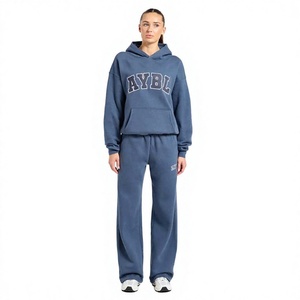 Wholesale Cotton Blend <b>Fleece</b> <b>Women</b> Sweat Suit Pullover Hoodie and Loose <b>Joggers</b> Two Piece Set With Custom Applique Embroidery - Product Image 1