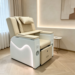 Beige LED <b>Light</b> Pedicure Spa Chair With Rolling Massage Electric Recliner <b>Pull</b>‑Out Foot Basin Manicure Chair For Nail Beauty - Product Image 6