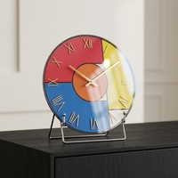 Jam Meja Analog Kaca Modern dengan Dudukan Logam, Dial Geometris Warna-warni untuk Dekorasi Ruang Tamu, Kantor, Meja, Grosir, Hadiah
